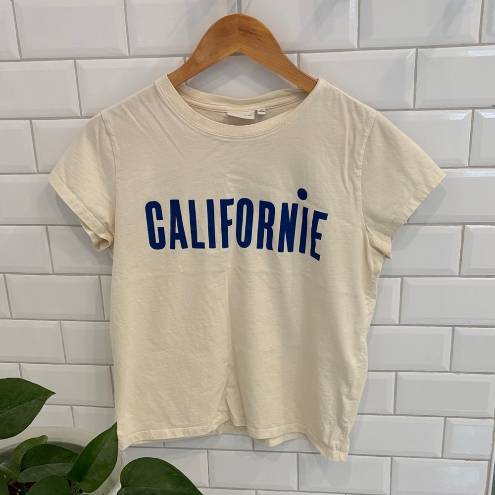 Clare V Cream Short Sleeve 'CALIFORNIE' Tee with Blue Lettering